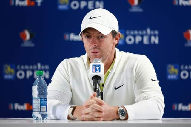 Defending champion Rory McIlroy speaks to the media ahead of the RBC Canadian Open at Oakdale Golf and Country Club in Toronto. Picture: Vaughn Ridley/Getty Images.