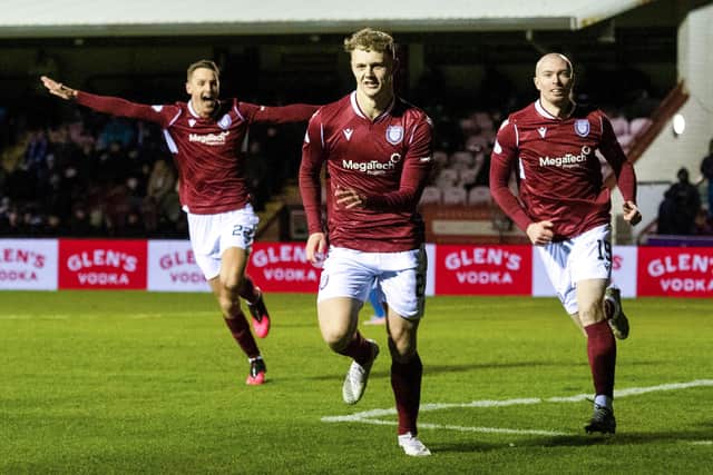 Jack Hamilton celebrates his goal for Arbroath against Kilmarnock.