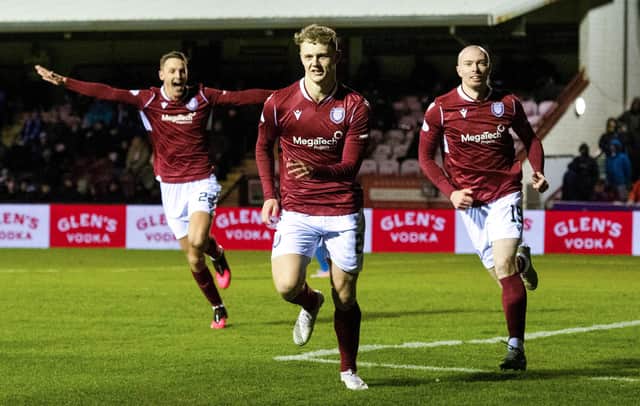 Jack Hamilton celebrates his goal for Arbroath against Kilmarnock.