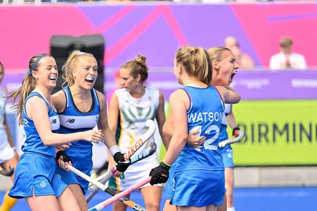 Scotland's women hockey players celebrate a goal in the 4-2 win over South Africa on day one of the Commonwealth Games. Pic: David P McCarthy