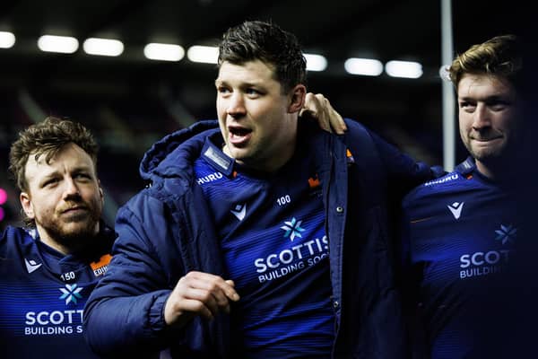 Edinburgh co-captain Grant Gilchrist, centre, speaks to his team in the huddle after the EPCR Challenge Cup win over Aviron Bayonnais at Murrayfield. (Photo by Ross Parker / SNS Group)