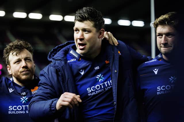 Edinburgh co-captain Grant Gilchrist, centre, speaks to his team in the huddle after the EPCR Challenge Cup win over Aviron Bayonnais at Murrayfield. (Photo by Ross Parker / SNS Group)