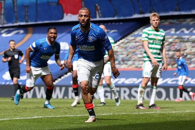 Kemar Roofe of Rangers celebrates after scoring their team's third goal during the Ladbrokes Scottish Premiership match between Rangers and Celtic at Ibrox Stadium on May 02, 2021 in Glasgow, Scotland. (Photo by Ian MacNicol/Getty Images)