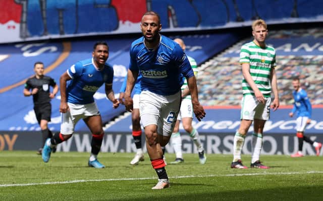 Kemar Roofe of Rangers celebrates after scoring their team's third goal  during the Ladbrokes Scottish Premiership match between Rangers and Celtic at Ibrox Stadium on May 02, 2021 in Glasgow, Scotland. (Photo by Ian MacNicol/Getty Images)