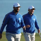Jon Rahm and Sergio Garcia during the win in the opening session of the 43rd Ryder Cup at Whistling Straits in Kohler, Wisconsin. Picture: Patrick Smith/Getty Images.