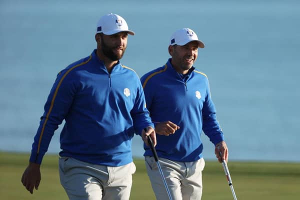 Jon Rahm and Sergio Garcia during the win in the opening session of the 43rd Ryder Cup at Whistling Straits in Kohler, Wisconsin. Picture: Patrick Smith/Getty Images.