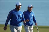 Jon Rahm and Sergio Garcia during the win in the opening session of the 43rd Ryder Cup at Whistling Straits in Kohler, Wisconsin. Picture: Patrick Smith/Getty Images.