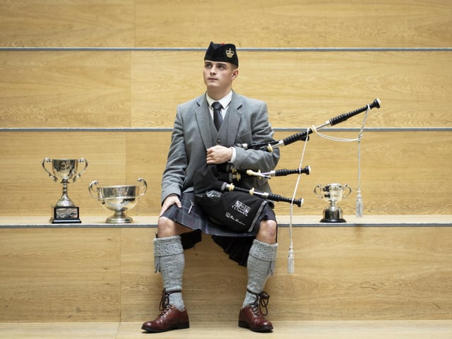 Arran Green, 17 years old from Bannockburn High scooped the W.G.G. Wilson Trophy for the 16-18 Piobaireachd, the Royal Highland Fusiliers Cup for the 16-18 March, Strathspey and Reel and the Col. Murdoch MacTaggart, Bowmore, Memorial Trophy for the 16-18 Hornpipe & Jig.