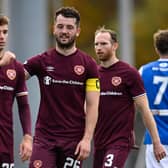 Hearts' goalscorer Craig Halkett (centre) at full time after the 1-0 win over Cowdenbeath at Bayview Stadium in the Betfred Cup. (Photo by Rob Casey / SNS Group)