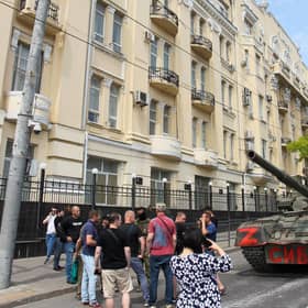 Members of Wagner group sit atop of a tank in a street in the city of Rostov-on-Don. Picture: AFP via Getty Images
