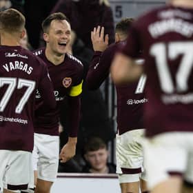 Hearts' Lawrence Shankland celebrates with Kenneth Vargas and Jorge Grant after scoring to make it 2-0 over Aberdeen at Tynecastle. (Photo by Mark Scates / SNS Group)