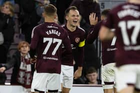 Hearts' Lawrence Shankland celebrates with Kenneth Vargas and Jorge Grant after scoring to make it 2-0 over Aberdeen at Tynecastle. (Photo by Mark Scates / SNS Group)