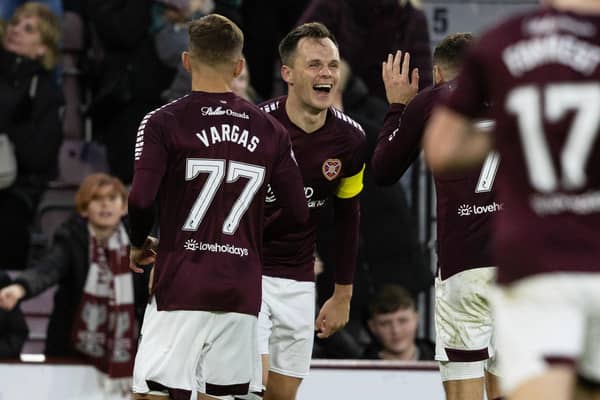 Hearts' Lawrence Shankland celebrates with Kenneth Vargas and Jorge Grant after scoring to make it 2-0 over Aberdeen at Tynecastle. (Photo by Mark Scates / SNS Group)