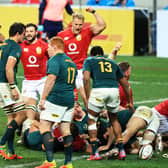 Duhan van der Merwe leads the British & Irish Lions celebrations as Luke Cowan-Dickie stretches over to score their side's try. Picture: David Rogers/Getty Images