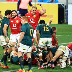 Duhan van der Merwe leads the British & Irish Lions celebrations as Luke Cowan-Dickie stretches over to score their side's try. Picture: David Rogers/Getty Images