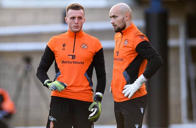 Dundee United's Jack Newman and Carljohan Eriksson, right, prior to a Premier Sports Cup against Livingston.