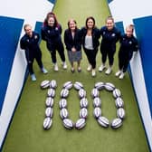 Sports minister Maree Todd meets up with members of the Scotland squad, Sarah Law, Christine Belisle, Rachel Malcolm and Mairi McDonald, as they mark 100 days until the start of the Rugby World Cup. (Photo by Ross Parker / SNS Group)