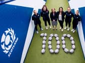 Sports minister Maree Todd meets up with members of the Scotland squad, Sarah Law, Christine Belisle, Rachel Malcolm and Mairi McDonald, as they mark 100 days until the start of the Rugby World Cup. (Photo by Ross Parker / SNS Group)