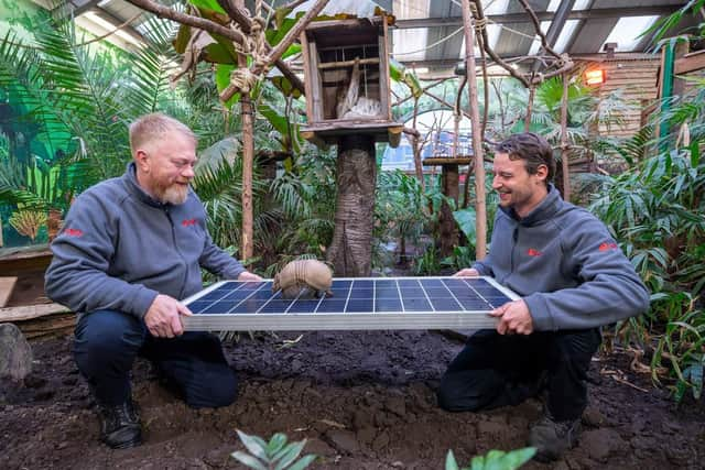 Project delivery managers Neil Baker and Colin Heggie with an Armadillo getting a close look at one of the Panels. Picture by  Sandy Young/scottishphotographer.com