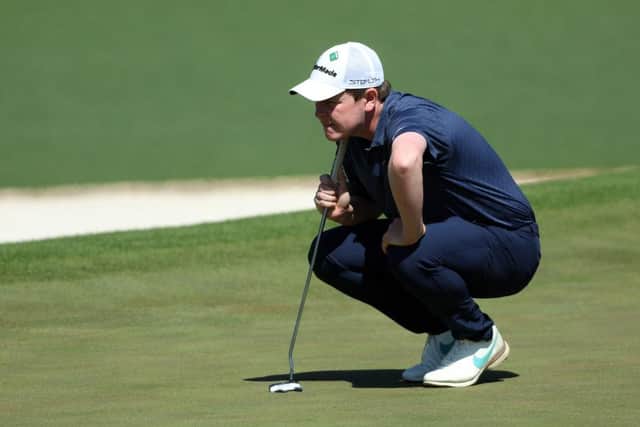 Bob MacIntyre lines up a putt on the second green during the final round of the Masters at Augusta National Golf Club. Picture: Andrew Redington/Getty Images.