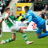 Hibs midfielder Josh Campbell scores his second in the 3-1 win over Aberdeen.  (Photo by Paul Devlin / SNS Group)