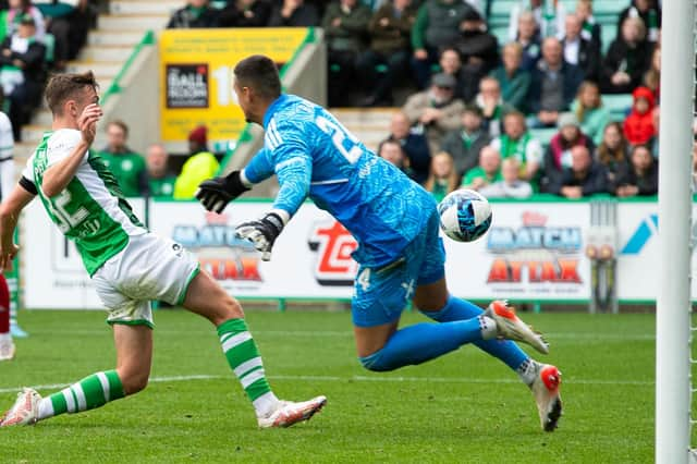 Hibs midfielder Josh Campbell scores his second in the 3-1 win over Aberdeen.  (Photo by Paul Devlin / SNS Group)