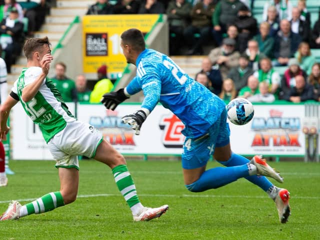 Hibs midfielder Josh Campbell scores his second in the 3-1 win over Aberdeen.  (Photo by Paul Devlin / SNS Group)