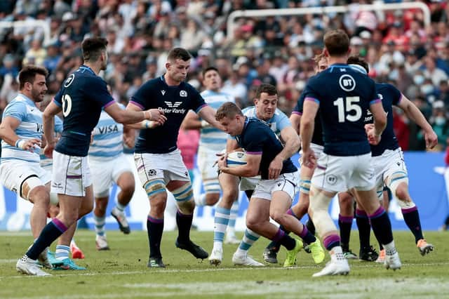 Darcy Graham, tackled here by his Edinburgh club-mate Emiliano Boffelli, struggled for space in the first Test against Argentina. (Photo by PABLO GASPARINI/AFP via Getty Images)