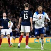 England's Jude Bellingham celebrates after scoring to make it 2-0 during the 150th Anniversary Heritage Match against Scotland at Hampden Park.  (Photo by Alan Harvey / SNS Group)