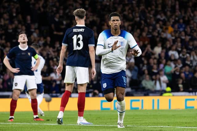 England's Jude Bellingham celebrates after scoring to make it 2-0 during the 150th Anniversary Heritage Match against Scotland at Hampden Park. (Photo by Alan Harvey / SNS Group)