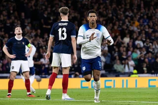 England's Jude Bellingham celebrates after scoring to make it 2-0 during the 150th Anniversary Heritage Match against Scotland at Hampden Park.  (Photo by Alan Harvey / SNS Group)