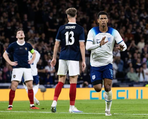 England's Jude Bellingham celebrates after scoring to make it 2-0 during the 150th Anniversary Heritage Match against Scotland at Hampden Park.  (Photo by Alan Harvey / SNS Group)