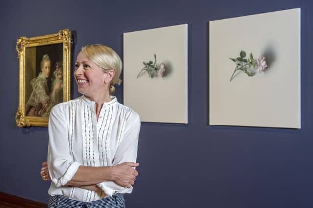 Artist Alison Watt in front of two of her new works and art by Allan Ramsay, both of which go on display in Alison Watt: A Portrait Without Likeness at the Scottish National Portrait Gallery in Edinburgh from 17 July 2021 PIC: Neil Hanna.