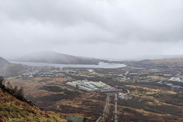 The Lochaber smelter site, viewed from the surge chamber of the hydro-electricity scheme on the slopes of Ben Nevis