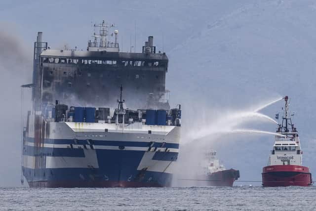 Smoke rises from the Italian-flagged Euroferry Olympia, which is on fire for third day.