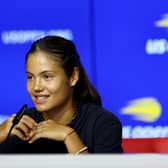 Emma Raducanu of Great Britain fields questions during media day before the start of the US Open at USTA Billie Jean King National Tennis Center.