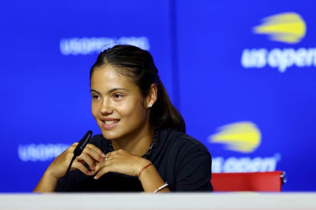 Emma Raducanu of Great Britain fields questions during media day before the start of the US Open at USTA Billie Jean King National Tennis Center.