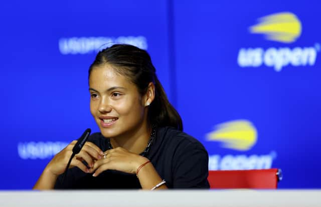 Emma Raducanu of Great Britain fields questions during media day before the start of the US Open at USTA Billie Jean King National Tennis Center.