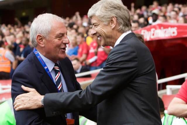 Managers Walter Smith and Arsene Wenger greet each other before the most recent meeting of Rangers and Arsenal at the Emirates Stadium in 2009. (Photo by Bill Murray/SNS Group).