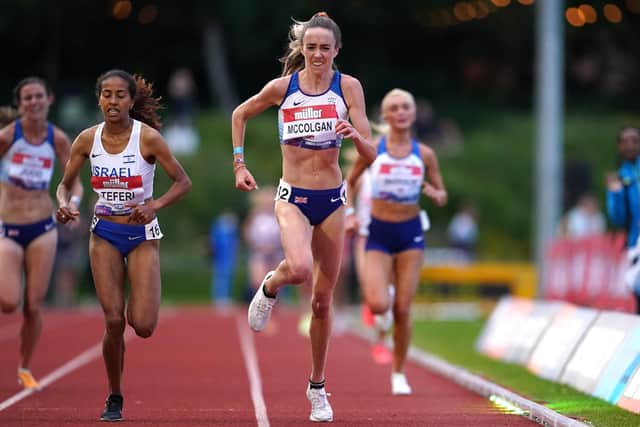 Eilish McColgan sprints to the line to win the 10,000m at Birmingham and seal her Olympic place. Picture: Martin Rickett/PA Wire