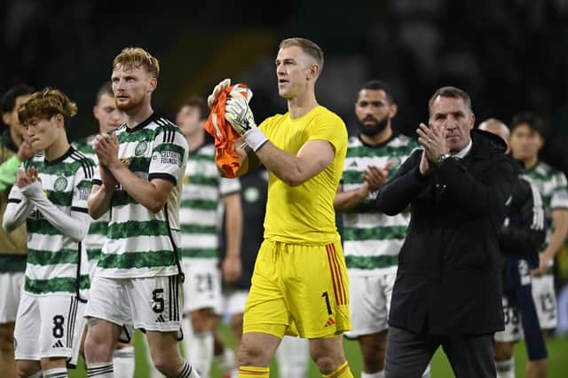 Celtic manager Brendan Rodgers and his players show their pain as they applaud the support after another gut-wrenching night at home in the Champions League that ended with a 95th minute winner for Lazio in a 2-1 defeat.(Photo by Rob Casey / SNS Group)