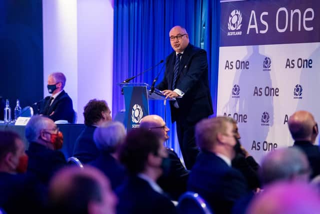 Chief executive Mark Dodson addresses Scottish Rugby's annual general meeting at BT Murrayfield. Picture: Ross Parker/SNS