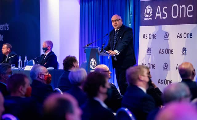 Chief executive Mark Dodson addresses Scottish Rugby's annual general meeting at BT Murrayfield. Picture: Ross Parker/SNS