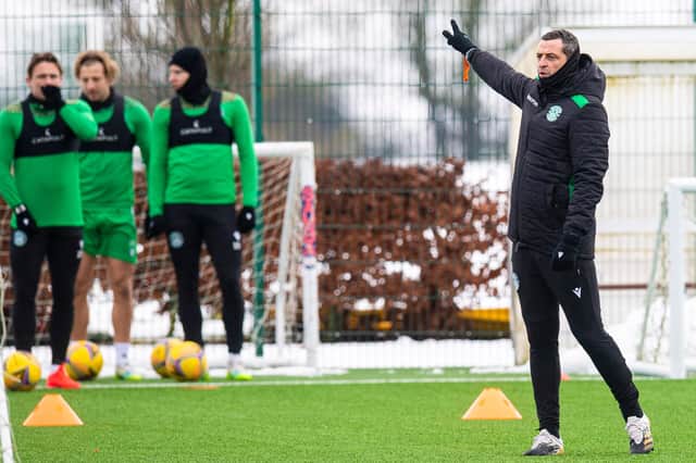Hibs manager Jack Ross takes a training session ahead of the midweek league match against Rangers. Photo by Ross MacDonald / SNS Group