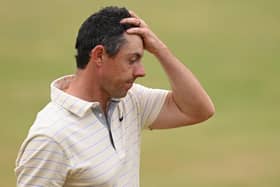 Rory McIlroy looks dejected on the 18th green after missing out on winning the 150th Open at St Andrews. (Photo by Ross Kinnaird/Getty Images)