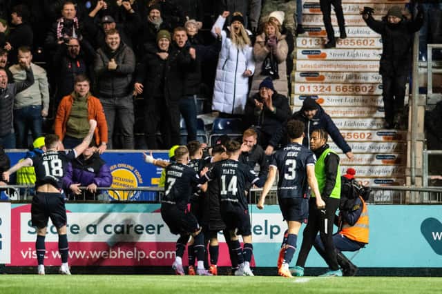 Falkirk's Kai Kennedy celebrates with teammates after scoring to make it 2-1 during a Scottish Cup quarter final match between Falkirk and Ayr United at the Falkirk Stadium, on March 12, 2023, in Falkirk, Scotland.  (Photo by Mark Scates / SNS Group)