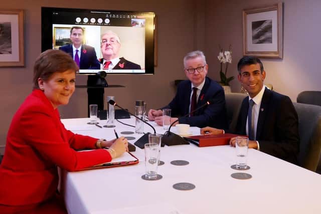 Nicola Sturgeon opposite Michael Gove and Rishi Sunak in Blackpool on Thursday (Picture: Cameron Smith/Getty Images)