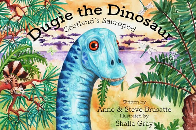 Shalla Gray's stunningly illustrated front cover of new children's book, Dugie the Dinosaur