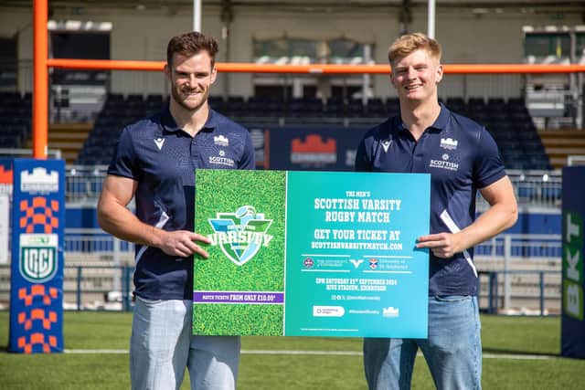 Harry Paterson, right, and Matt Currie support the 'world’s oldest varsity match' between University of Edinburgh and St Andrews University which takes place at Edinburgh Rugby’s Hive Stadium on September 21.