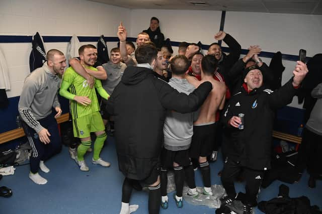 Darvel dressing room celebrations after winning 5-2 during a Scottish Cup third round match match against Montrose.